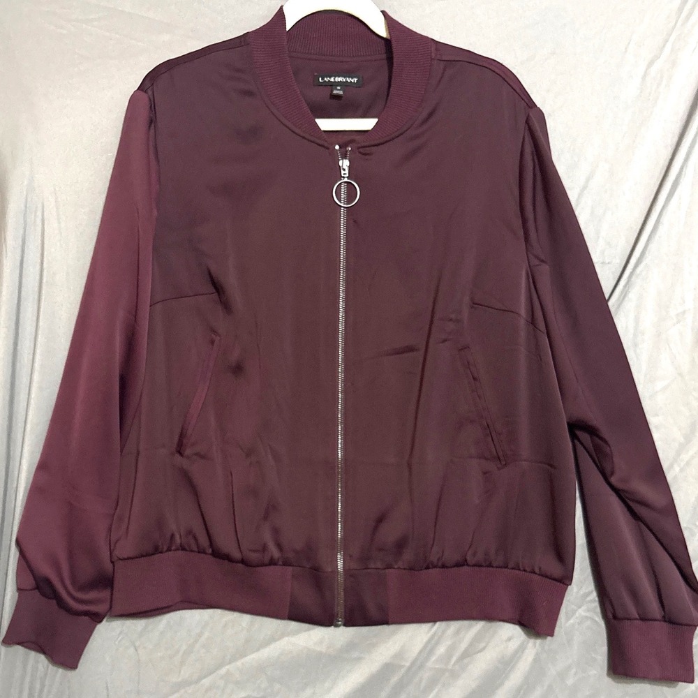Lane Bryant Womens Size 16 Burgundy Satin Full Zip O-Ring Bomber Jacket Ribbed
